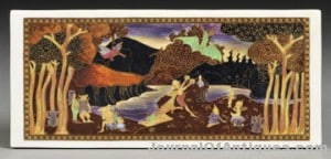 Wedgwood Fairyland Lustre Picnic by a River Plaque, England, c. 1920, rectangular, with pattern Z5158 set to a nighttime sky, printed mark, 4 3/4 x 10 3/4 in. sold for $13,035.