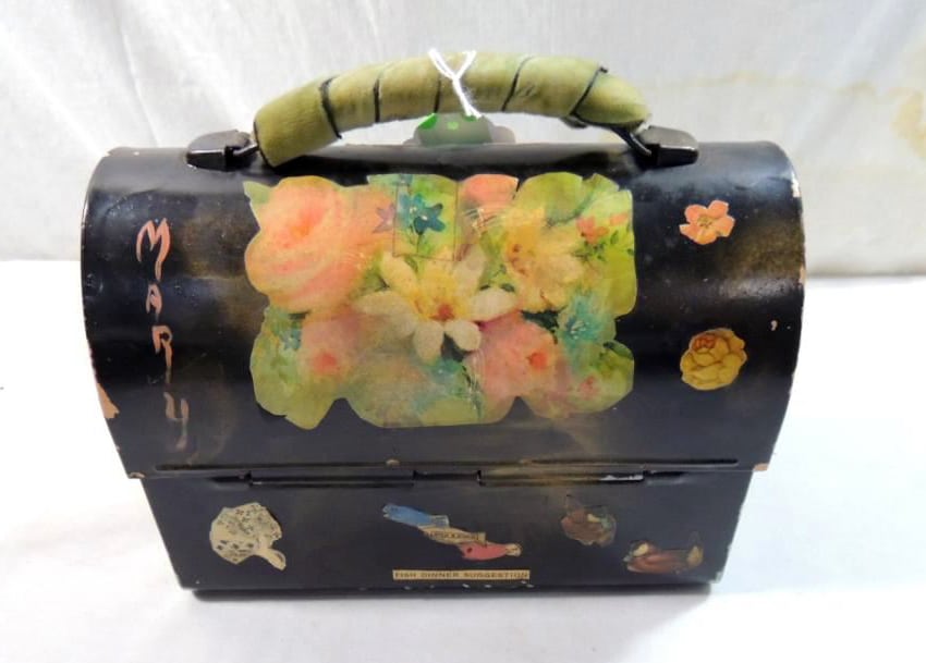 Vintage 1960s Decoupage Paper Mache Flowers Lunch top Box Purse Mimi Grannycore Pink