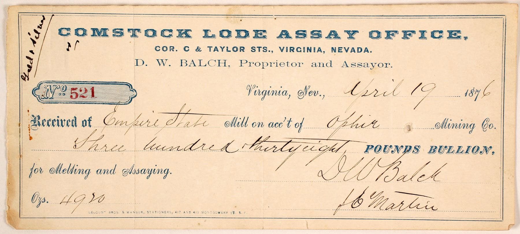 Comstock Lode Assay Office Receipt, 1876