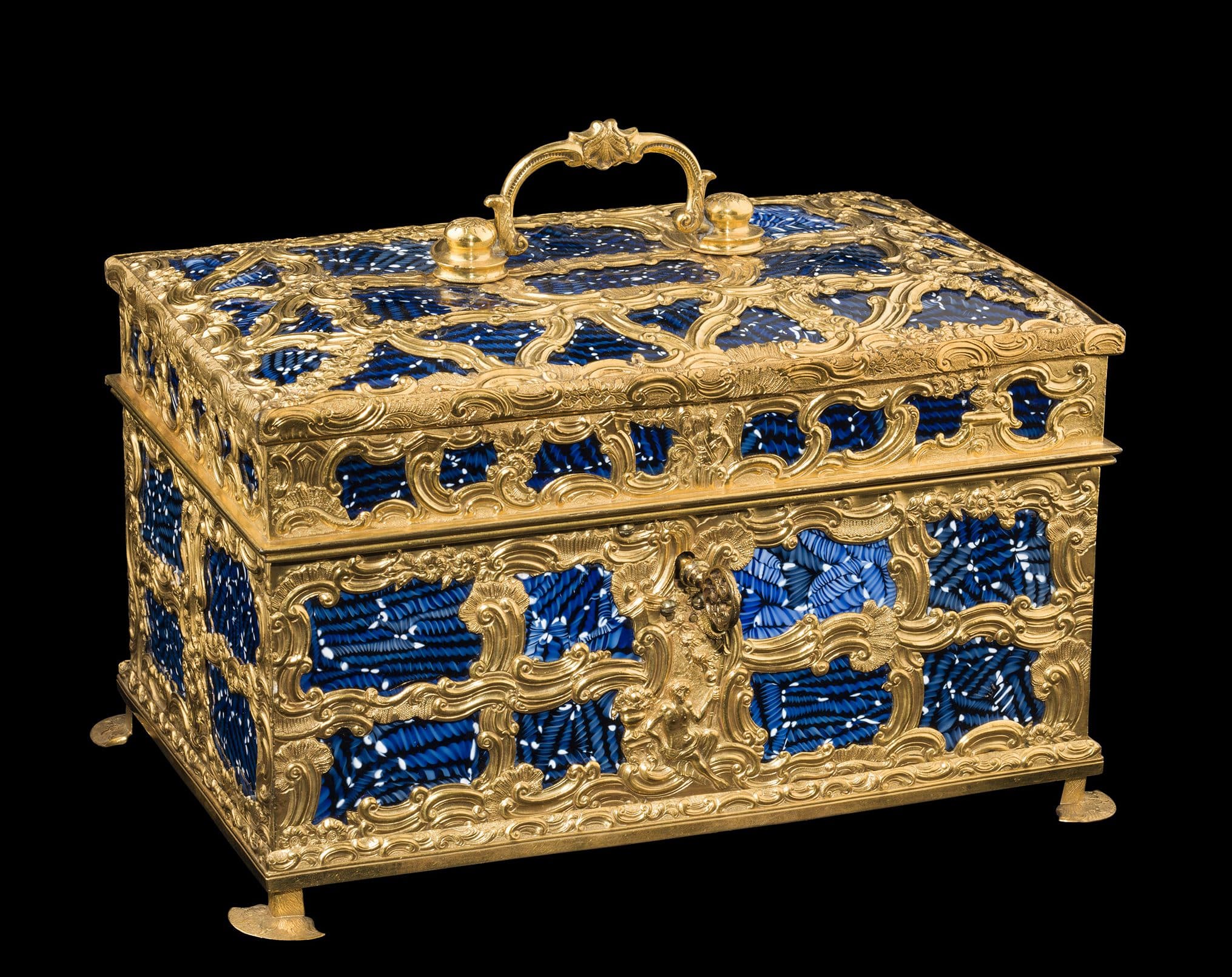 Casket with glass panels, fused, gilded, and molded nonlead glass; metal. Probably England, possibly James Cox, about 1760–1770.