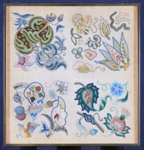 Crewelwork sampler, one of the early projects worked by Erica at the Royal School of Needlework. Their first few projects were designed for them. Students had to pay for their own materials and most proudly kept their projects for the whole of their lives. 2015.0047.004 A, B, Gift of The Family of Erica Wilson, Courtesy of Winterthur Museum