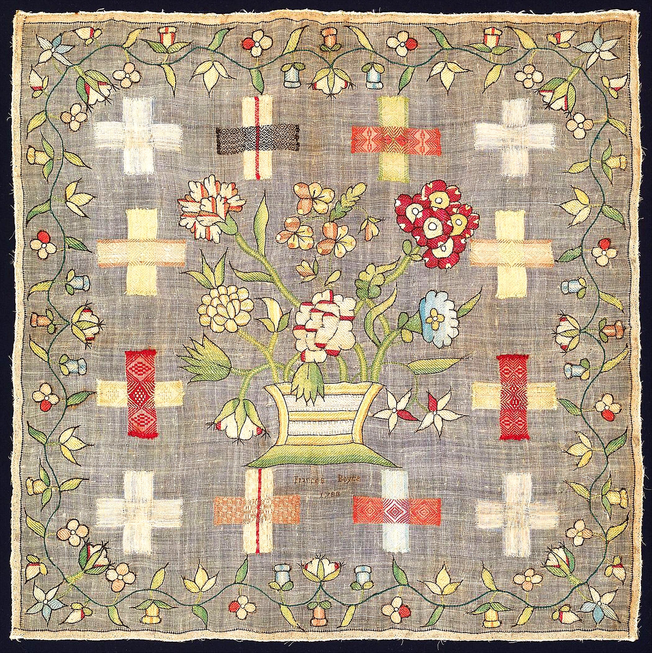 British darning sampler, signed: Frances Boyce/1780, silk on linen, 20 ¹⁄₈ x 20 ¹⁄₈” framed, courtesy www.metmuseum.org