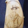 Sea captains’ wives and children sometimes accompanied them on voyages and produced a fair amount of scrimshaw. Notably, Sallie Smith, the wife of Captain Frederick Howland Smith, created pieces that are just as highly regarded, if not more so, then those of her male counterparts. Scrimshaw by an unknown artist, ca. 1830-1860 courtesy of the Brooklyn Museum