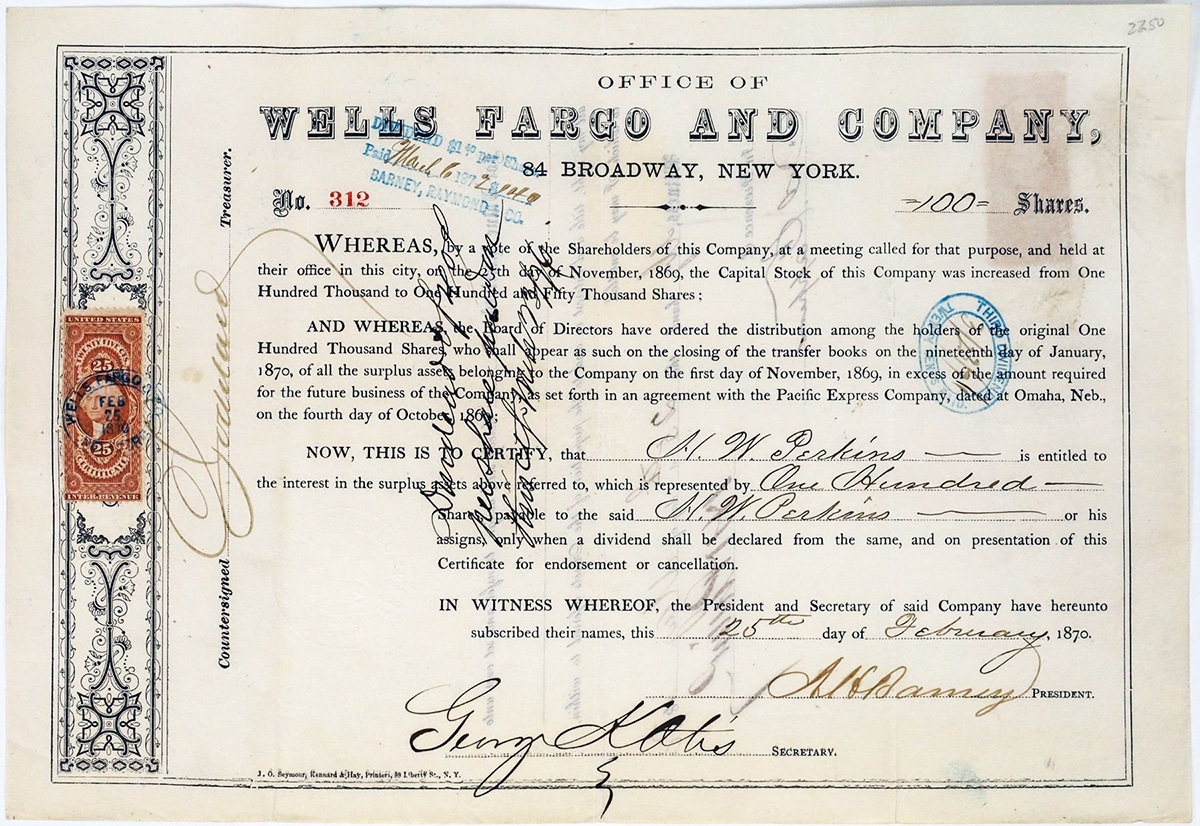 Wells Fargo stock certificate, $2,875, Holabird Western Americana