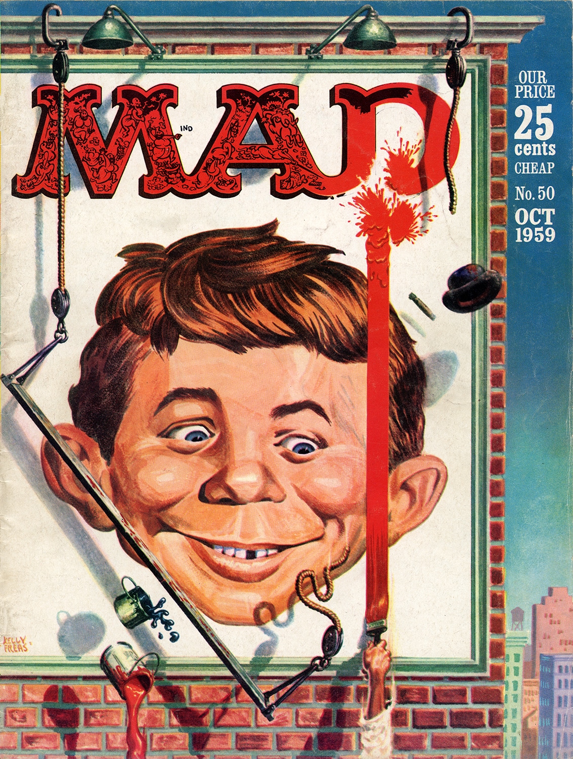 The cover to MAD No. 50 (October 1959), illustrated by Kelly Freas. While Mingo could produce endless identical versions of the Alfred E. Neuman face, Freas’s Alfreds were more impish and had much more expression.