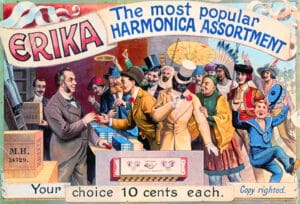 A poster advertising Hohner's Erika harmonica line from the early 20th century
