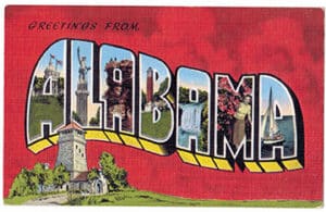 “Greetings from ALABAMA” is an example of a linen “Big Letter” postcard