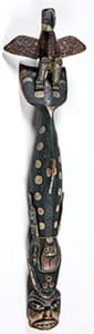 A 19th century Northwest Coast whale totem pole featuring a polka-dotted whale with a raven perched on its tail and a man’s face at the base sold for a little over $17,000 at a Native American Indian Auction held March 24th by Pook & Pook in Downingtown, PA.