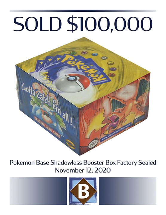 Factory-sealed Pokémon Base Shadowless Booster Box sold on December 12, 2020, for $100,000 photo: Bruneau & Co.