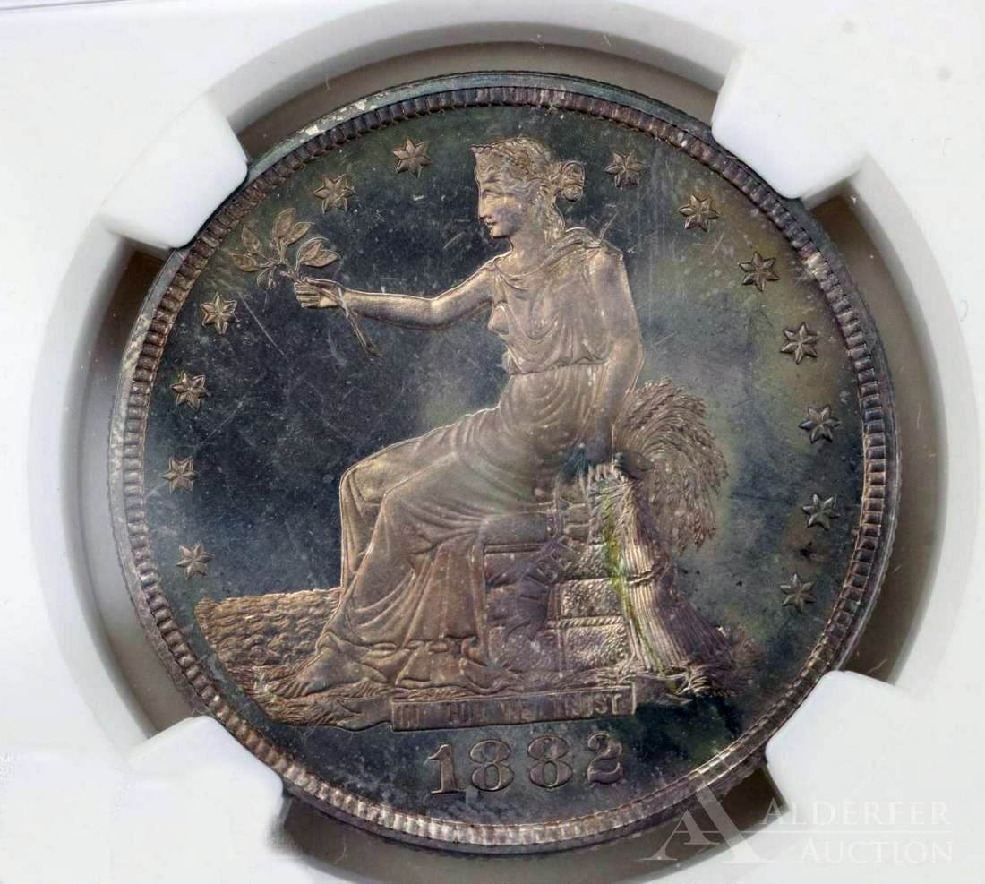 An 1882 Proof 66 trade dollar sold for $16,800 at a Coins and Currency auction held July 28th by Alderfer Auction in Hatfield, PA