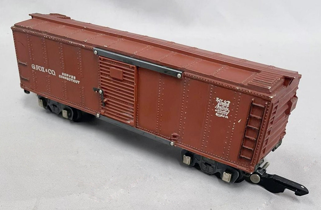 A rare American Flyer G. Fox & Co. S gauge toy boxcar train, from a limited production set made in 1946, sold for $18,975 in a two-day, online-only Toy & Train auction held Aug. 11-12 by Weiss Auctions in Lynbrook, NY