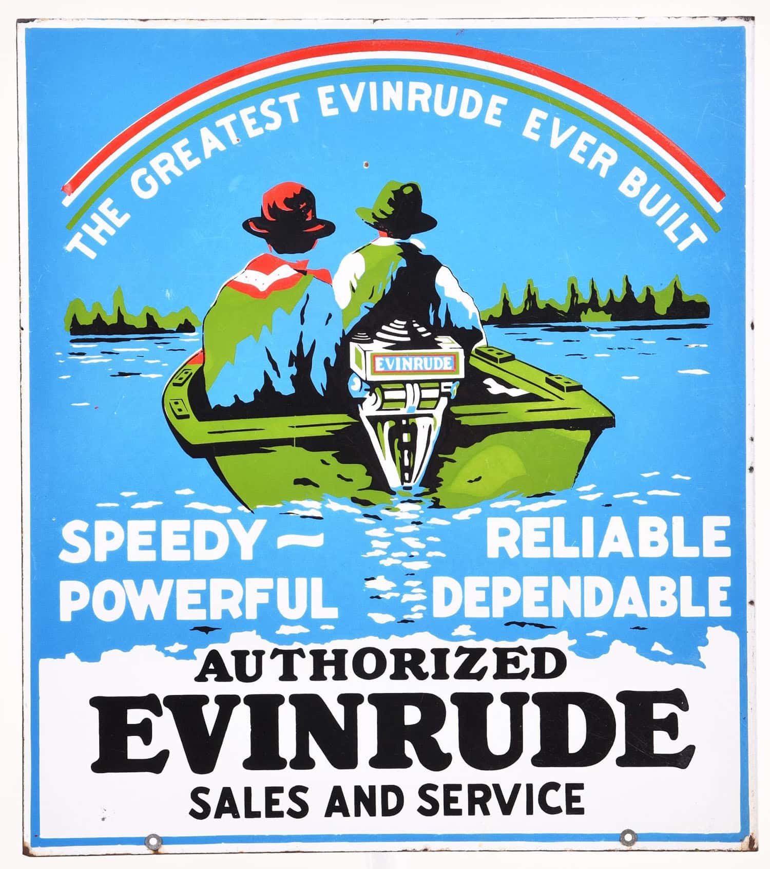 An Evinrude porcelain flange sign with excellent gloss and color, rated 8.9, 21 inches by 18 1/2 inches, sold for $30,750 at the Iowa Gas Auction held Aug. 5-6 by Route 32 Auctions in Des Moines, Iowa
