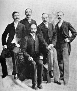 The Ball brothers from left to right: William Charles Ball (1852–1921), Frank Clayton Ball (1857–1943), Lucius Lorenzo Ball (seated) (1850–1932), Edmund Burke Ball (1855–1925), George Alexander Ball (1862–1955)
