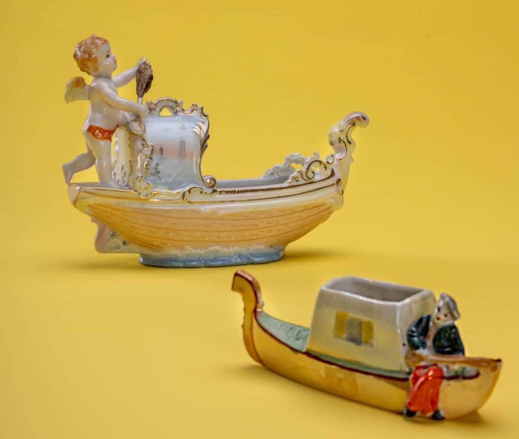 Two versions of a decorative gondolaa made in Japan. The top example is “Paulux China”, the bottom is Katherine’s favorite.
