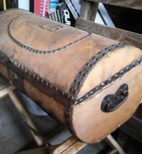 Carriage trunk dated 1819 with shipping newsprint lining, American made lockset. photo: Paul Norton