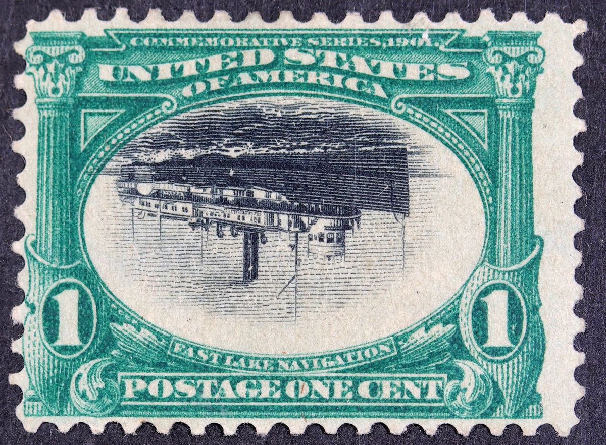 A U.S. one-cent stamp commemorating the Pan American Exposition of 1901 with an inverted center