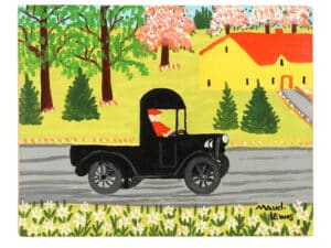 Oil on board painting by Canadian folk artist Maud Lewis (1901-1970), titled Black Truck (1967), sold for $326,660 in an online-only Canadiana & Decorative Arts auction held May 14th by Miller & Miller Auctions, Ltd. in New Hamburg, Ontario, Canada.
