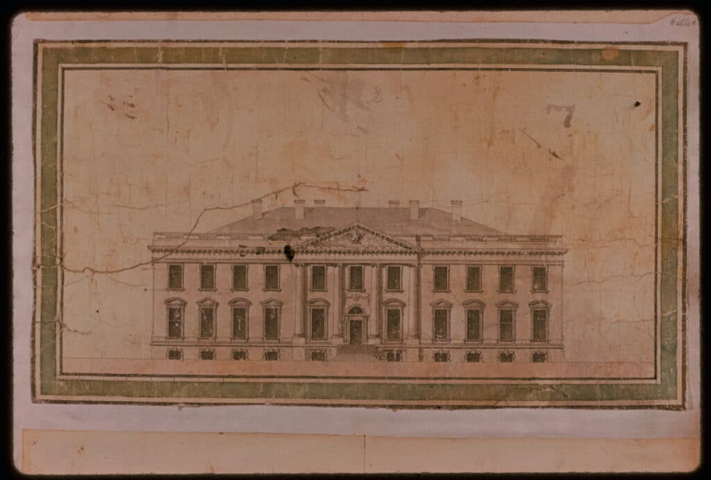 Hoban’s 1793 north elevation drawing reduced the building from three to two floors because of a concern that there was not enough stone at the government quarry to complete both the Capitol and the President’s House. – White House Historical Association, Original Plans Courtesy of the Maryland Historical Society Title image: This drawing has also been used in the title image of this article and has been edited for clarity of viewing