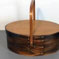 Mount Lebanon sewing carrier, made of brown-stained & varnished gumwood, 1920s-40s. Inset: Interior of Mount Lebanon carrier is purple brocade, with matching pincushion.