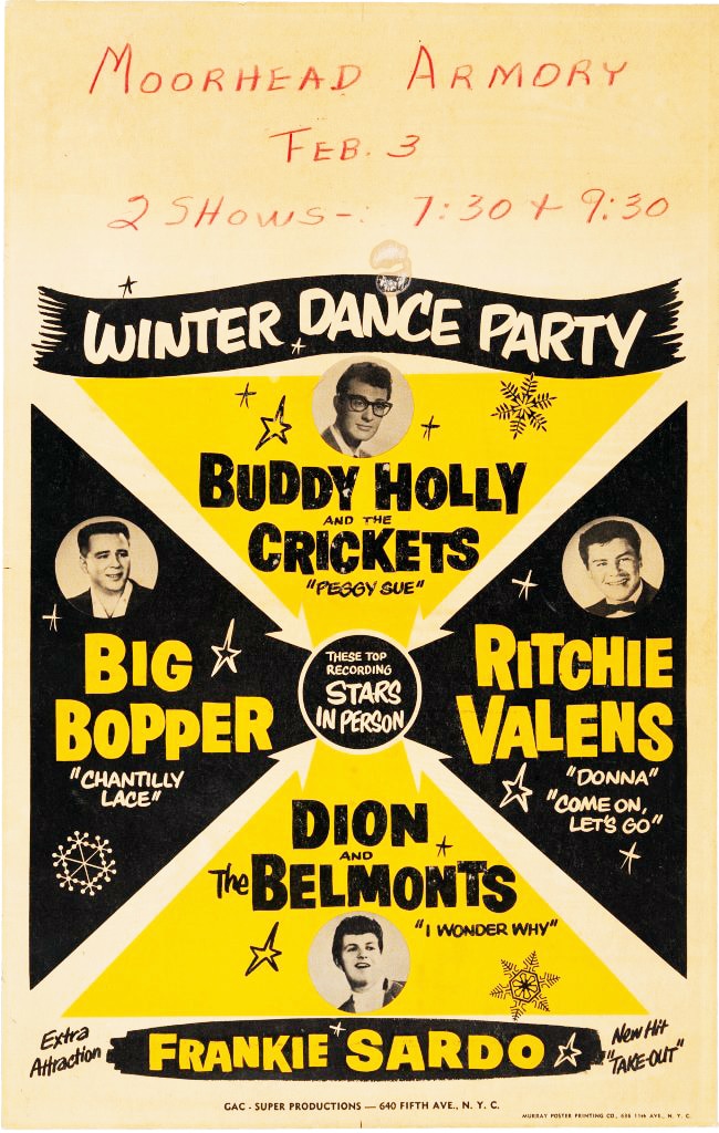 The only known Winter Dance Party concert poster from Feb. 3, 1959, promoting Buddy Holly, Ritchie Valens, The Big Bopper, and Dion, forever known as “The Day the Music Died” (since all of the above artists except Dion were killed in a plane crash that day), sold for a record $447,000 at a Music Memorabilia Signature Auction held Nov. 11-13 by Heritage Auctions in Dallas.