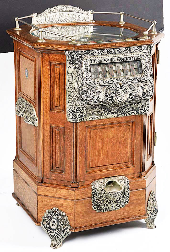 A circa 1904 Caille Bros. 5-cent Roulette floor-model slot machine with seven coin slots sold for $246,000 at an Antique Coin-Op Machines & Advertising auction held Nov. 3-5 by Morphy Auctions in Denver, PA