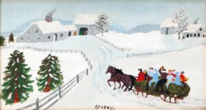 Grandma Moses’ 1943 oil with glitter on pressed wood painting titled We Have All Gone Sledding sold for $31,250 at a Fine and Decorative Art Auction held November 9th by Dallas Auction Gallery in Dallas, TX