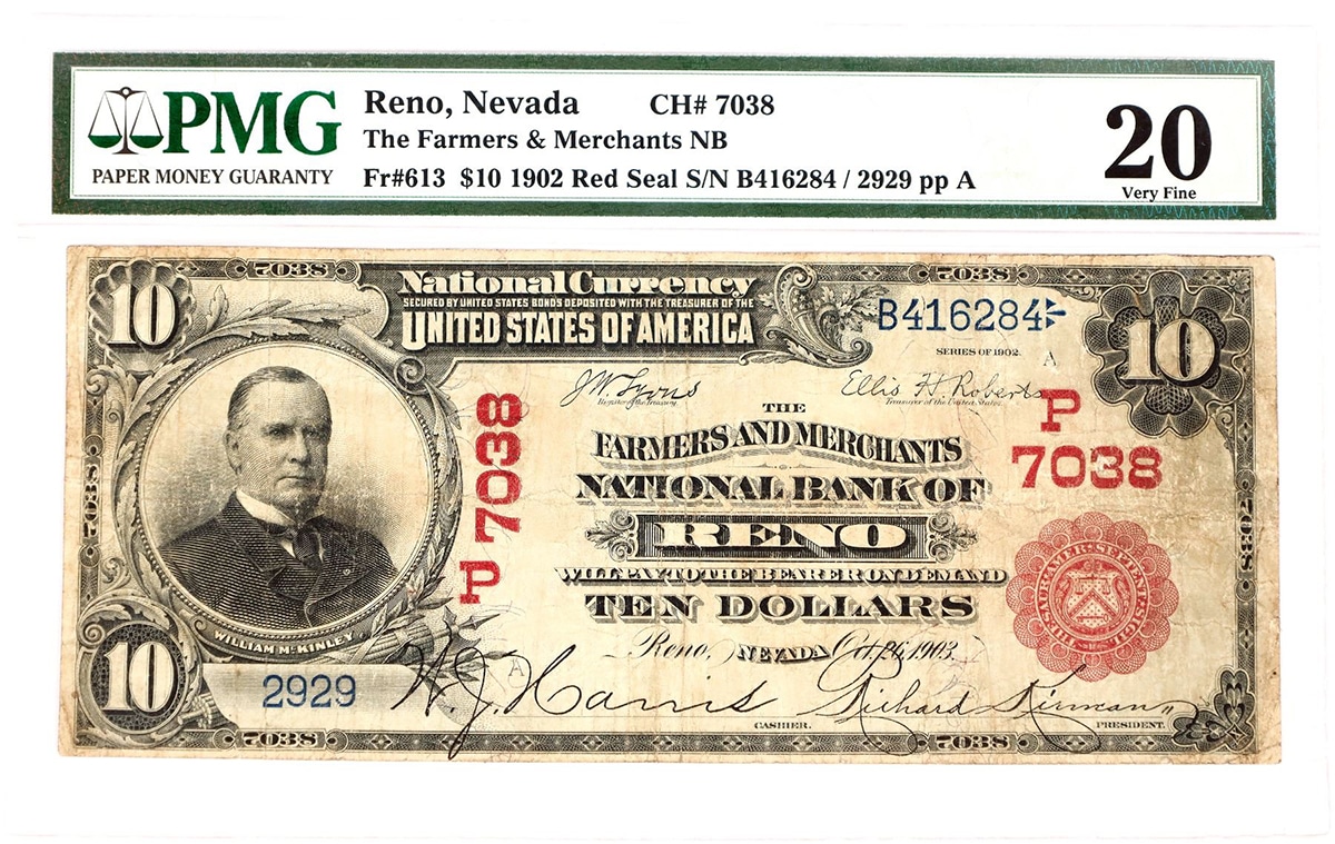 1902 Reno, Nevada $10 banknote, $12,500, Holabird Western America