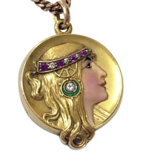 14k Gold Art Nouveau Locket set with Diamonds and Rubies