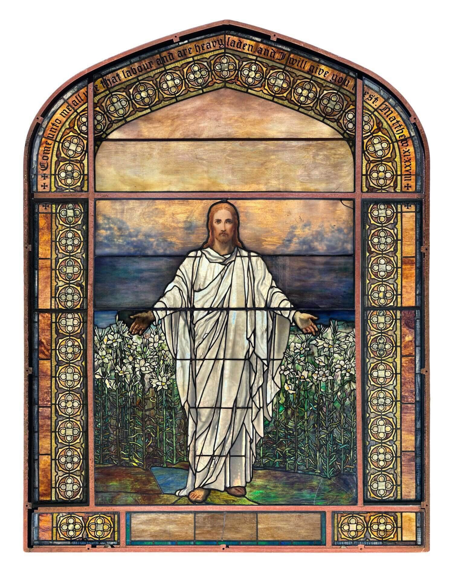 A Tiffany Studios Jesus in a Field of Lilies window sold to a church for $237,500 at a Fine and Decorative Arts auction held January 28th by Fontaine’s Auction Gallery in Pittsfield, MA