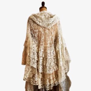 Rare Brussels silk Point de Gaze net lace wedding cape with applied decorations, 1840s, photo: Rubylane.com