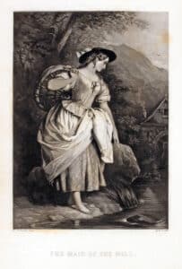 E. Corbould and H.W. Smith, The Maid of the Mill, 19th century print The story depicted here is about a young girl who relinquishes her middle class life and identity to experience life as a working mill girl, fancying that this will grant her a “freer life.” She ultimately meets and falls in love with a young boy whom she believes to be a cottage hand but is, indeed, a rich gentleman. The story, like the image, provides an example of how mill girls were frequently romanticized in literature directed at the middle class. photo: American Antiquarian
