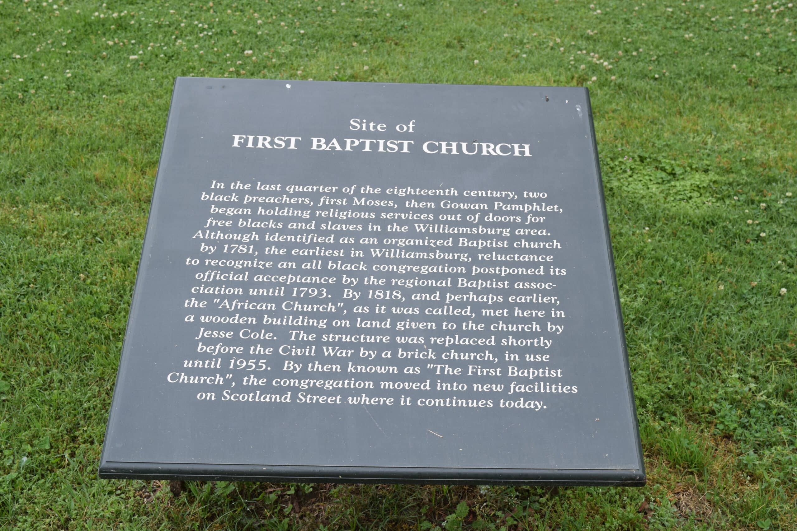 Docent marking the first permanent location of Williamsburg’s historic First Baptist Church on South Nassau Street, spring 2020. A partnership led by First Baptist Church and Colonial Williamsburg has resumed archaeological investigation of the site, which last took place in 1957. Let Freedom Ring Foundation
