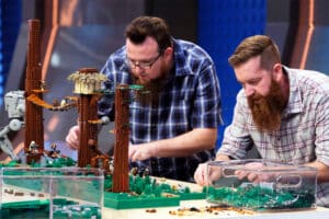 LEGO Masters, shown on FOX®, is based upon the hit British reality competition series of the same name. The show brings imagination, design, and creativity to life with an unlimited supply of LEGO bricks, Faced with ambitious brick-building challenges, teams of two compete to be crowned the country’s most talented amateur LEGO builders. Boone Langston, left, said he has at least 100,000 LEGO elements, and Mark Cruickshank, right, says he has spent as long as nine months on a single build.