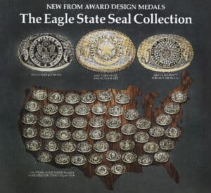Left: Advertisement from the Basically Buckles Magazine for the Eagle State Seal Collection by Award Design Medals.