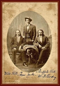 Three Legends of the West, Wild Bill Hickok, Texas Jack Omohundro, and Buffalo Bill Cody. Photographic reproduction print for sale at Etsy for $18.50