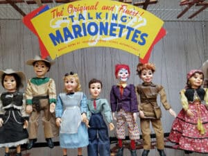 A montage of Hazelle marionettes: Hazelle Rollins creations on display at the Puppetry Arts Institute, Independence, Missouri. (Photo by Hank Kuhlmann)