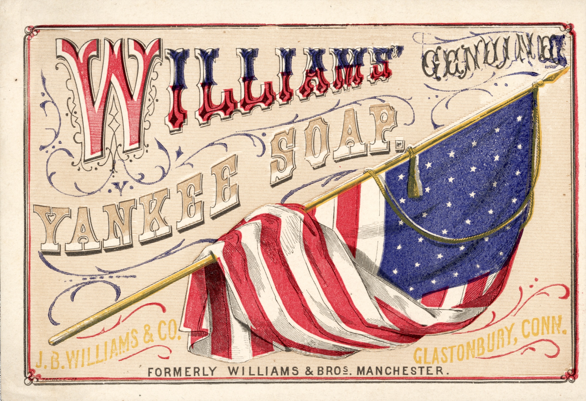 Figure 8: Chromolithograph. 36 Star American Flag. Williams genuine Yankee Soap TC. Ben Crane Collection