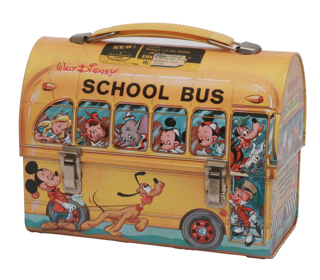 The most popular lunchbox ever, bar none: Aladdin’s domed “Disney School Bus,” featuring an array of Disney favorites. Eventually, nearly 10 million of this design by Robert Burton were sold in the 1960s.