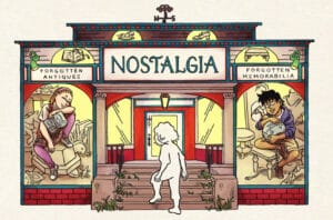 Nostalgia, from the upcoming graphic novel by Cat Huang, set in a magical antique shop, where the “blank” main character seeks to find their identity by exploring antiques and the nostalgia felt as they uncover clues.
