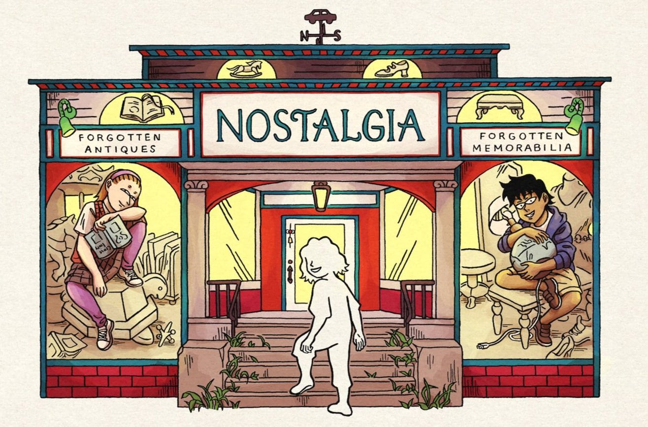 Nostalgia, from the upcoming graphic novel by Cat Huang, set in a magical antique shop, where the “blank” main character seeks to find their identity by exploring antiques and the nostalgia felt as they uncover clues.