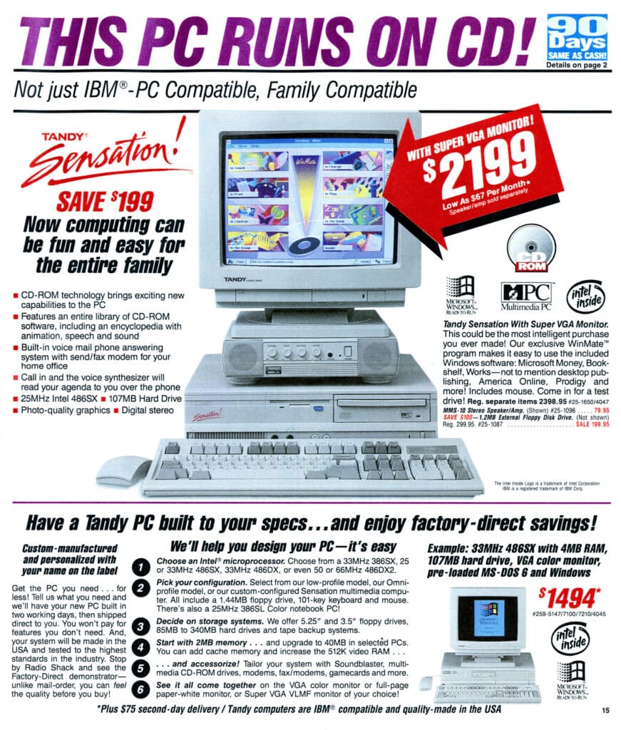 The Tandy Sensation was an early attempt at a specialized Multimedia PC. In this case, Tandy came up with a 25 MHz 486SX computer with a 107 MB hard drive, built-in CD-ROM drive, stereo sound card, a voice/fax modem, SVGA color graphics, and more. All this for $2,199 US with a SVGA monitor included (about $4,232 today). You could also get the MMS-10 Stereo Speaker/Amplifier for $79.95. It seemed so futuristic at the time.