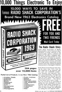 A postcard promo announcing how to get a Free 1963 Radio Shack catalog with over 10,000 items listed on 284 pages.