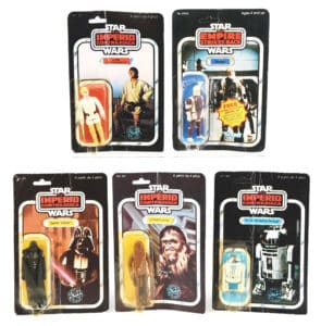 Five Spanish carded Star Wars figures from Kenner’s Empire Strikes Back series, four on cards titled in Spanish and two characters’ names (Luke Skywalker and R2-D2) translated to Spanish equivalents, sold for $13,530 at a Toys & Collectibles sale held Feb. 14-16 by Morphy Auctions in Denver, PA.