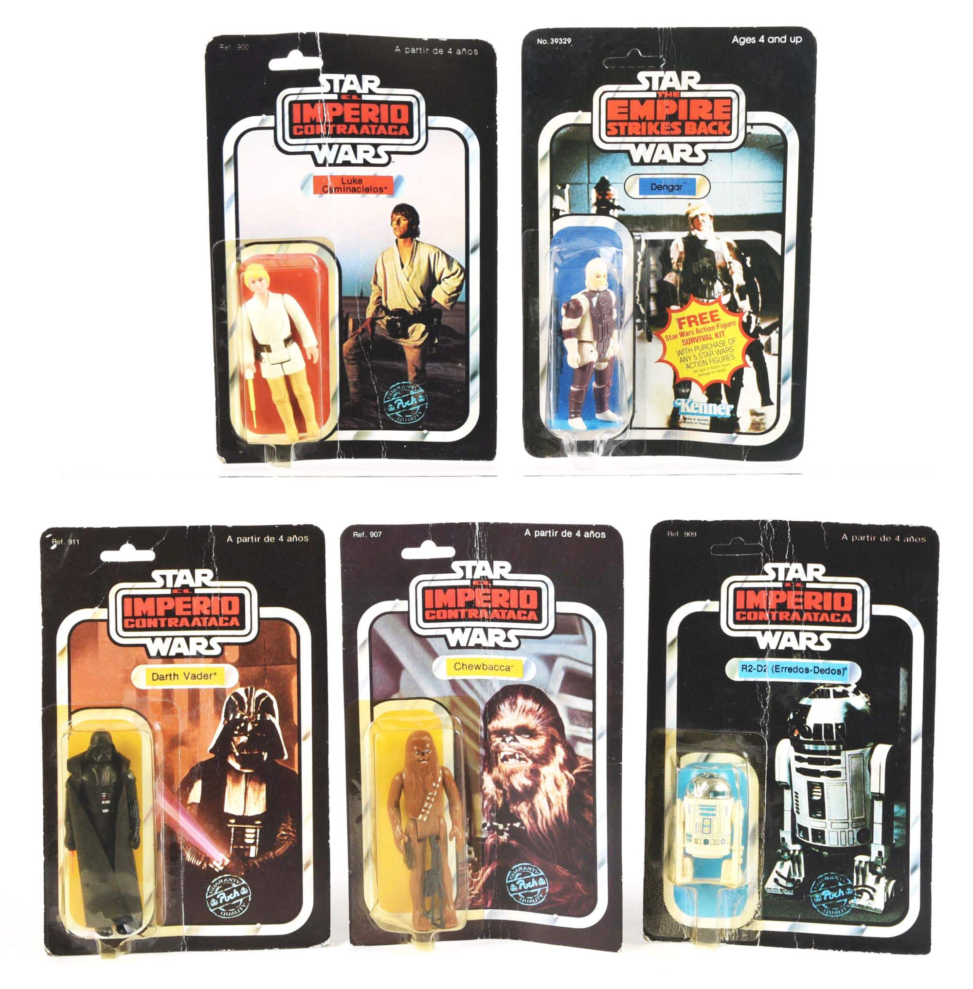 Five Spanish carded Star Wars figures from Kenner’s Empire Strikes Back series, four on cards titled in Spanish and two characters’ names (Luke Skywalker and R2-D2) translated to Spanish equivalents, sold for $13,530 at a Toys & Collectibles sale held Feb. 14-16 by Morphy Auctions in Denver, PA.