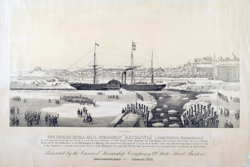 This print, issued in 1876 by the Cunard Steamship Company office in Boston, depicts the steamer Britannia departing Boston Harbor in February of 1844. Lithograph by Ferdinand Mayer.