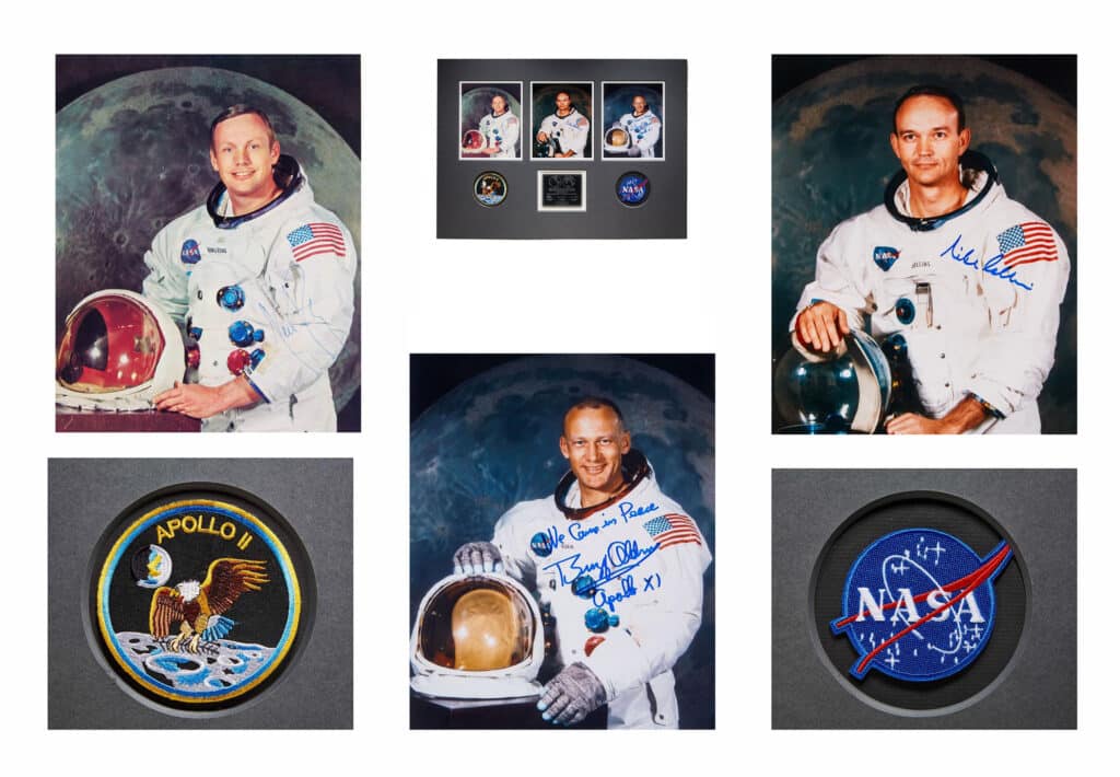 hree portrait photographs of the Apollo 11 crew members—Neil Armstrong, Buzz Aldrin, and Michael Collins