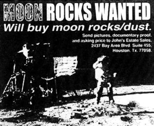 This advertisement was used as part of a sting operation called Operation Lunar Eclipse that was partly financed by former presidential candidate businessman Ross Perot. After a final meeting with suspect Alan Rosen in November 1998, agents were able to seize the moon rock from a safe deposit box in a Miami bank.
