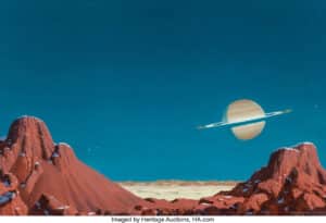 Background title image: Detail from Saturn from Titan, Space Art cover, 1978. Oli on board, 19.5 x 29.5 inches. Heritage Auctions sold this painting for $15,000 in 2014. Full image shown at left. Photo: Heritage Auctions