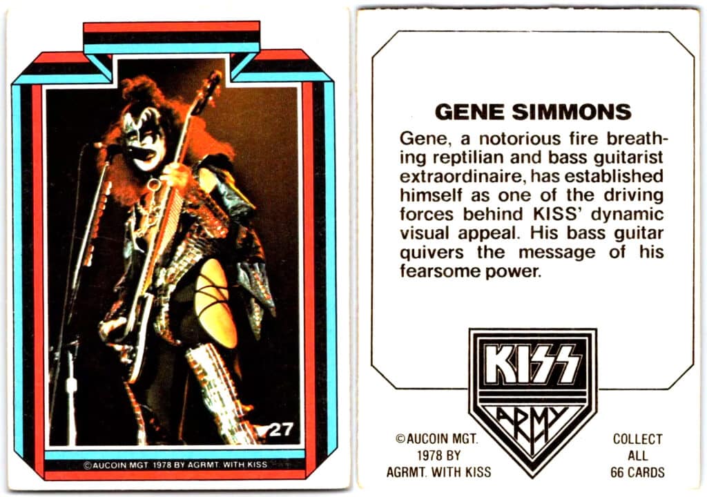 KISS Gene Simmons 1978 Donruss Aucoin #27 Trading Card, front and back shown