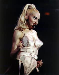 Madonna’s cone bra, designed by Jean Paul Gaultier, is one of the most recognizable concert costumes in pop music history.